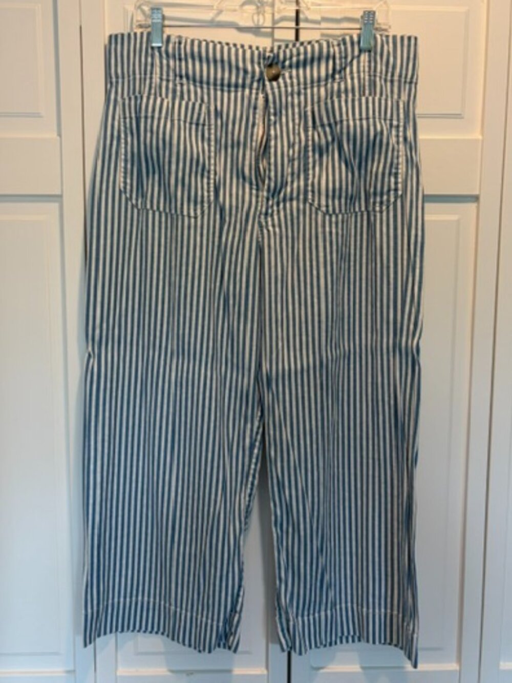Anthropologie Maeve Colette Striped Linen Wide Leg Crop Pants Blue/White 32P - Picture 2 of 8